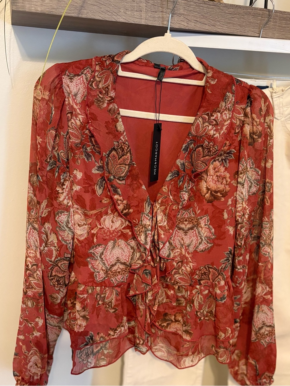 Anthropologie Rust Floral Ruffle Blouse